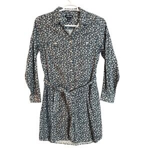 Vintage Lands End Velvet Floral Shirt Dress Midi M 10-12 Navy White Pink Belted